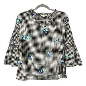 Charter Club Women’s Small Gingham Cotton Top Vneck 3/4 Sleeve Floral Embroidery